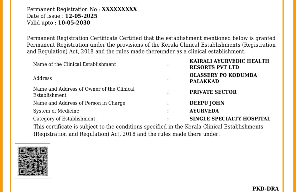 Kairali earns certificate under Kerala Clinical Establishments (Registration and Regulation) Act, 2018.