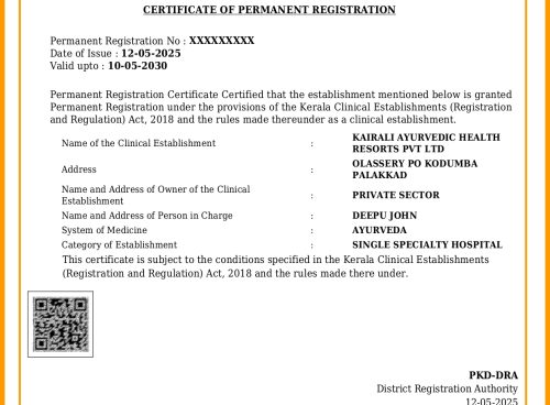Kairali earns certificate under Kerala Clinical Establishments (Registration and Regulation) Act, 2018.