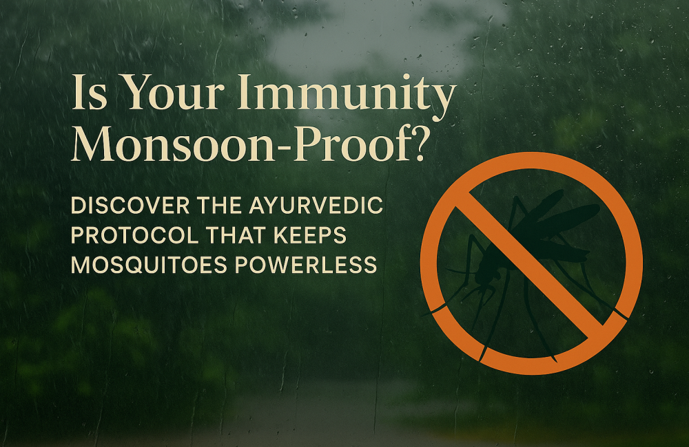 Monsoon-themed Ayurvedic health awareness graphic showing a mosquito crossed out with text emphasizing immunity and wellness during the rainy season.