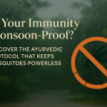 Monsoon-themed Ayurvedic health awareness graphic showing a mosquito crossed out with text emphasizing immunity and wellness during the rainy season.