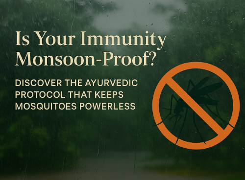 Monsoon-themed Ayurvedic health awareness graphic showing a mosquito crossed out with text emphasizing immunity and wellness during the rainy season.