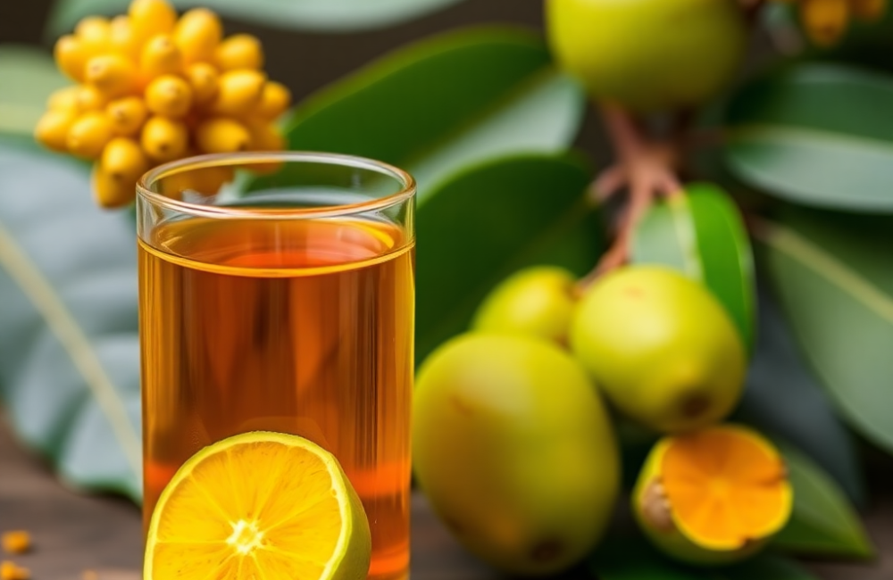 A glass of Amla and Turmeric health shot with citrus slice, surrounded by fresh Amla fruits and turmeric root on a wooden table