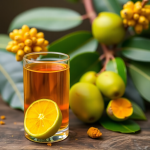 A glass of Amla and Turmeric health shot with citrus slice, surrounded by fresh Amla fruits and turmeric root on a wooden table