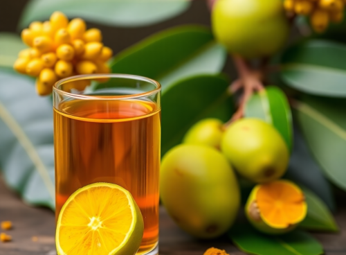 A glass of Amla and Turmeric health shot with citrus slice, surrounded by fresh Amla fruits and turmeric root on a wooden table