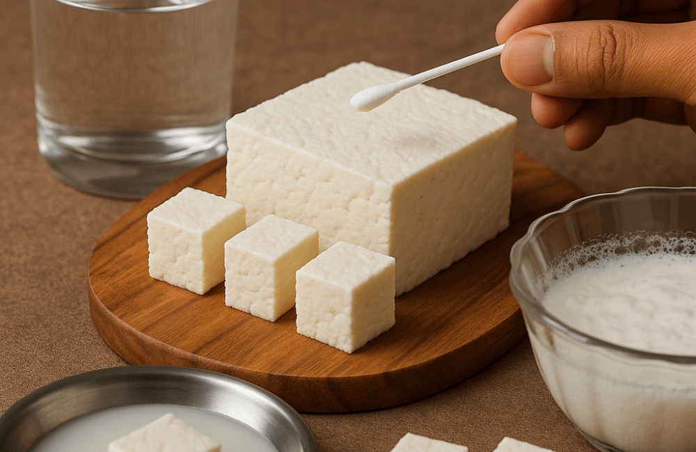 A hand using a cotton swab to test the purity of paneer cubes on a wooden board, with a glass of water and a bowl of milk nearby.