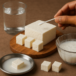 A hand using a cotton swab to test the purity of paneer cubes on a wooden board, with a glass of water and a bowl of milk nearby.