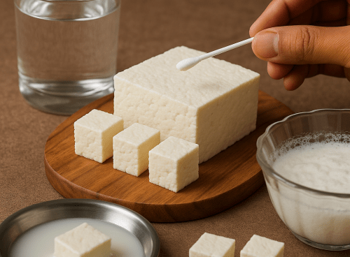 A hand using a cotton swab to test the purity of paneer cubes on a wooden board, with a glass of water and a bowl of milk nearby.