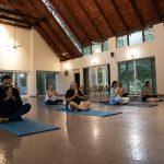 Group meditation in airy yoga hall at Kairali Ayurvedic Healing Village, Kerala.
