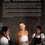 Smiling guest receiving herbal body therapy with three therapists at Kairali Ayurvedic Healing Village; poster titled “Longevity & Ayurveda.”