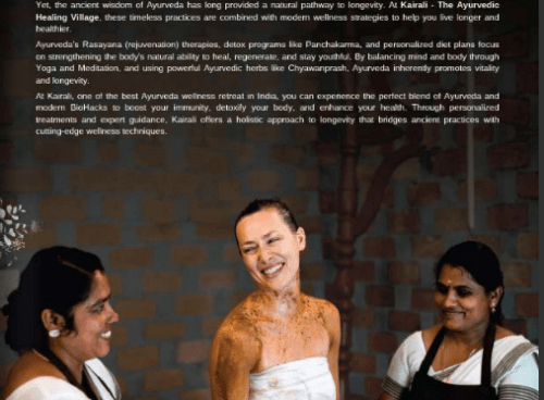 Smiling guest receiving herbal body therapy with three therapists at Kairali Ayurvedic Healing Village; poster titled “Longevity & Ayurveda.”