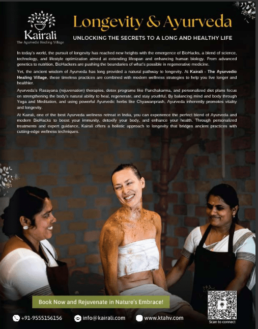 Smiling guest receiving herbal body therapy with three therapists at Kairali Ayurvedic Healing Village; poster titled “Longevity & Ayurveda.”