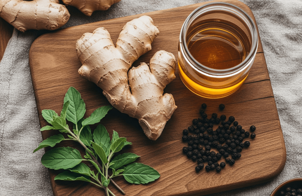 Ginger root, tulsi (holy basil) leaves, black peppercorns and honey on a wooden board—Ayurvedic trio for seasonal immunity at Kairali Ayurvedic Healing Village, Kerala.