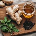 Ginger root, tulsi (holy basil) leaves, black peppercorns and honey on a wooden board—Ayurvedic trio for seasonal immunity at Kairali Ayurvedic Healing Village, Kerala.