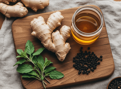 Ginger root, tulsi (holy basil) leaves, black peppercorns and honey on a wooden board—Ayurvedic trio for seasonal immunity at Kairali Ayurvedic Healing Village, Kerala.