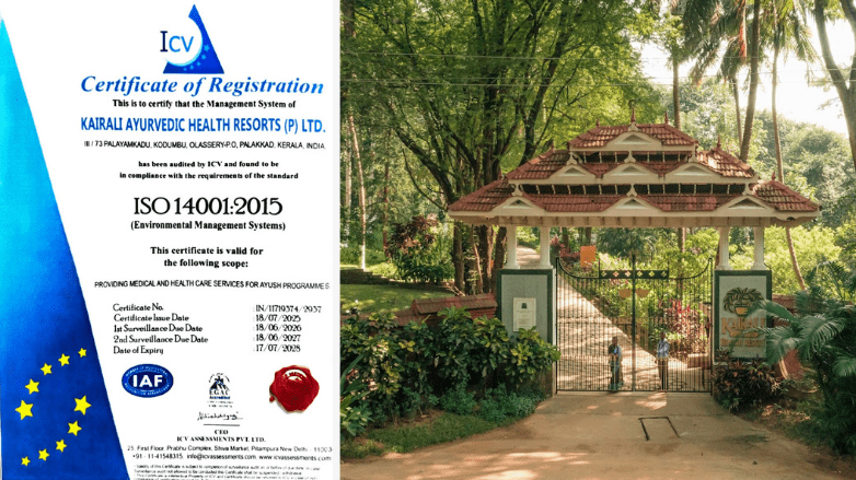 ISO 14001:2015 Environmental Management Systems certificate for Kairali – The Ayurvedic Healing Village, Palakkad, issued by ICV Assessments
