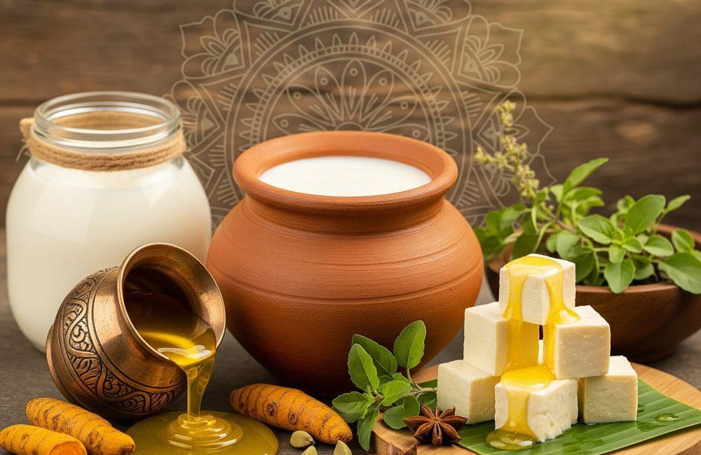 Earthen pot of milk, brass cup pouring ghee, and paneer cubes with spices—Ayurvedic dairy setup at a Kerala wellness retreat.