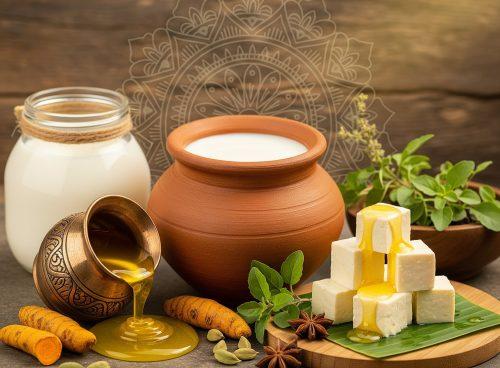 Earthen pot of milk, brass cup pouring ghee, and paneer cubes with spices—Ayurvedic dairy setup at a Kerala wellness retreat.