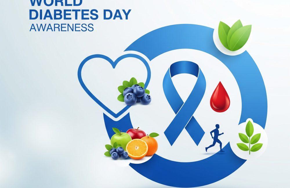 World Diabetes Day awareness graphic with blue ribbon, heart outline, blood drop, runner, fresh fruits, and green leaves on a light background.