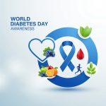 World Diabetes Day awareness graphic with blue ribbon, heart outline, blood drop, runner, fresh fruits, and green leaves on a light background.