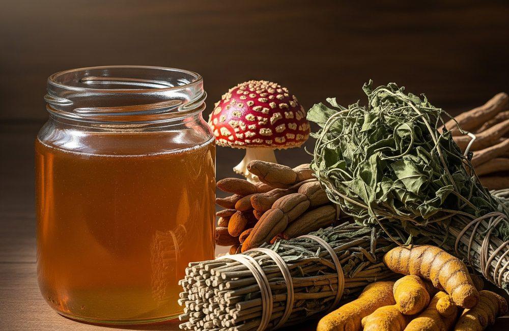 A jar of honey placed beside dried Ayurvedic herbs, turmeric roots, and natural botanicals on a wooden surface.