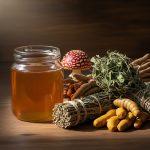 A jar of honey placed beside dried Ayurvedic herbs, turmeric roots, and natural botanicals on a wooden surface.