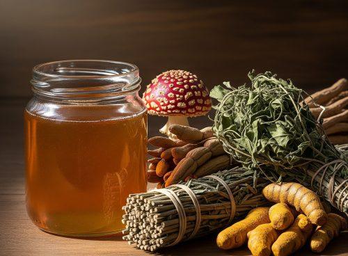 A jar of honey placed beside dried Ayurvedic herbs, turmeric roots, and natural botanicals on a wooden surface.