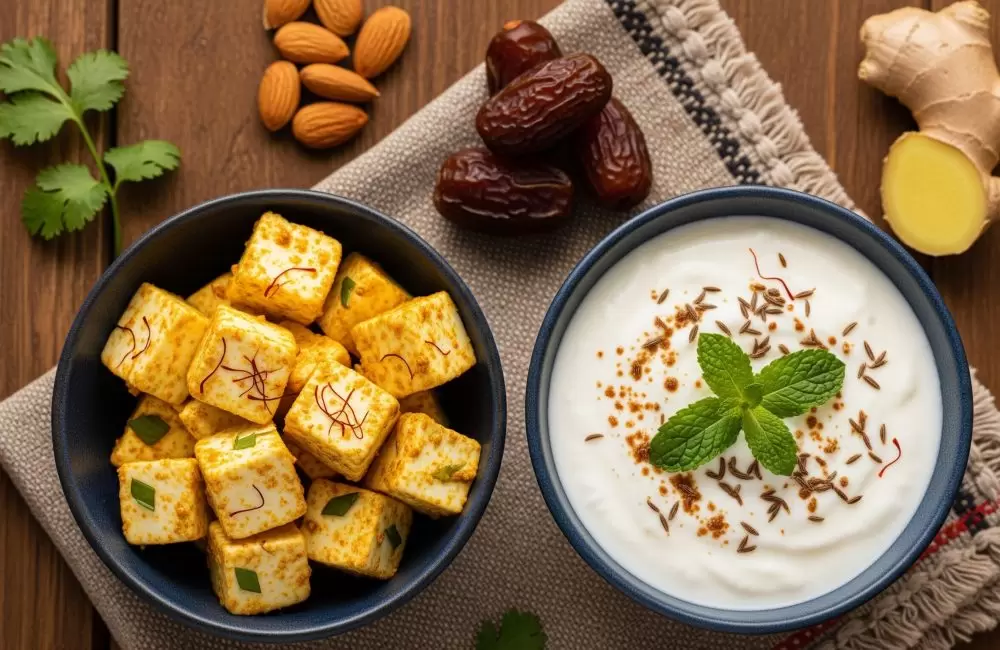 Spiced paneer cubes with saffron and herbs beside a bowl of cumin-mint yogurt