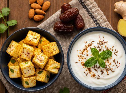 Spiced paneer cubes with saffron and herbs beside a bowl of cumin-mint yogurt