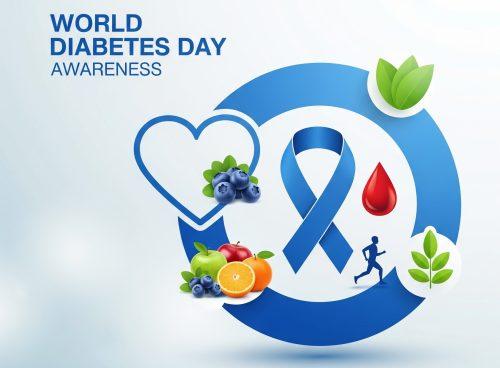 World Diabetes Day awareness graphic with blue ribbon, heart outline, blood drop, runner, fresh fruits, and green leaves on a light background.