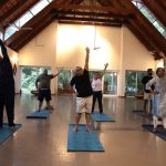 Senior guests practicing gentle side-bend yoga on mats in a spacious, well-lit hall at Kairali Ayurvedic Health Village Kerala—an accessible ayurvedic retreat Kerala.