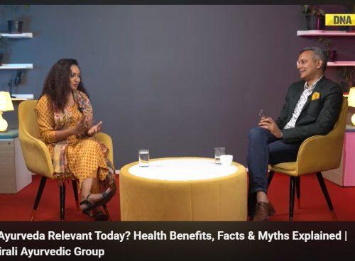 Two people in a studio discussing “Is Ayurveda Relevant Today?”—a seated interview about health benefits, facts and myths by Kairali Ayurvedic Group.