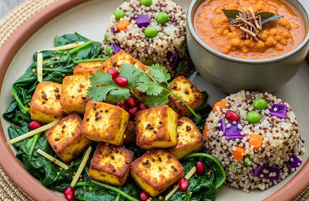 Golden pan-seared paneer on sautéed spinach with mustard seeds, quinoa-millet vegetable mounds, and a bowl of red lentil dal; garnished with cilantro and pomegranate on a terracotta plate.