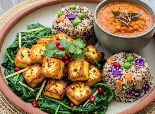 Golden pan-seared paneer on sautéed spinach with mustard seeds, quinoa-millet vegetable mounds, and a bowl of red lentil dal; garnished with cilantro and pomegranate on a terracotta plate.