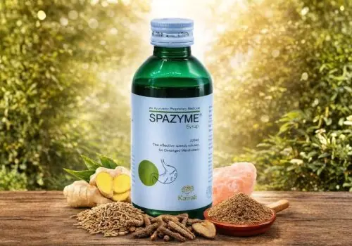 Green bottle of Kairali Spazyme Syrup (200 ml) placed outdoors on a wooden surface, surrounded by fennel seeds, long pepper, ginger, rock salt, and a bowl of ground herbs, representing natural digestive care.