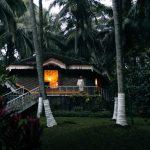 Solo woman on the veranda of a warmly lit Kerala cottage at Kairali – The Ayurvedic Healing Village, surrounded by coconut palms at dusk.