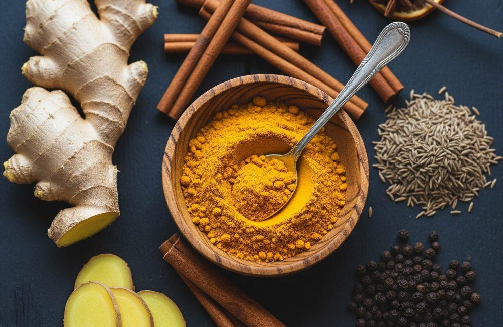 Overhead flat lay of winter spices—fresh ginger root and slices, a wooden bowl of turmeric powder with a spoon, cinnamon sticks, cumin seeds, black peppercorns, star anise, and a dried orange slice—arranged on a dark slate surface.