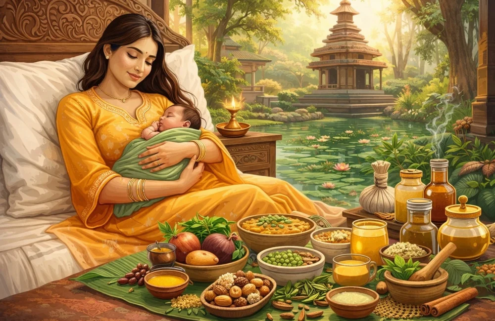 Ayurvedic postpartum care with oil massage, diet, and recovery practices