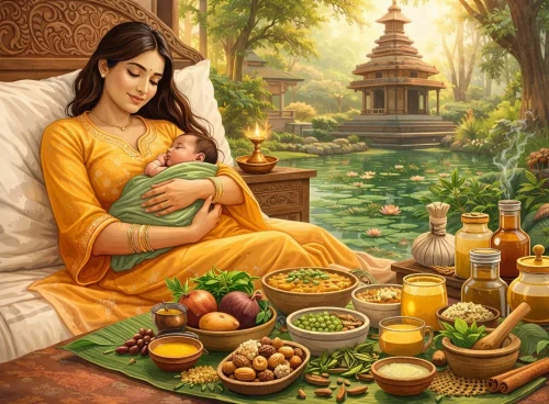 Ayurvedic postpartum care with oil massage, diet, and recovery practices