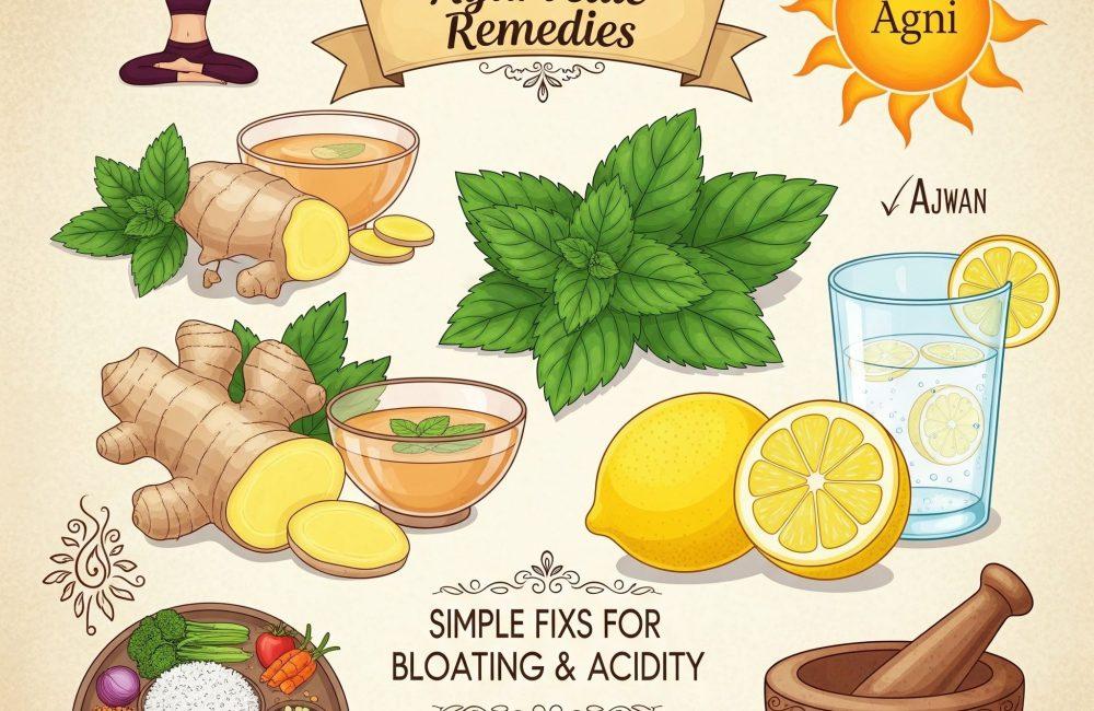 Ayurvedic remedies for digestion including ginger, mint, lemon water, ajwain, cumin seeds, and Agni symbol for bloating and acidity relief.