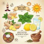 Ayurvedic remedies for digestion including ginger, mint, lemon water, ajwain, cumin seeds, and Agni symbol for bloating and acidity relief.