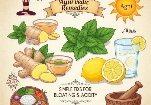 Ayurvedic remedies for digestion including ginger, mint, lemon water, ajwain, cumin seeds, and Agni symbol for bloating and acidity relief.