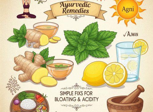 Ayurvedic remedies for digestion including ginger, mint, lemon water, ajwain, cumin seeds, and Agni symbol for bloating and acidity relief.