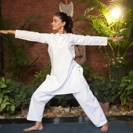 International Yoga Day 2026 yoga session featuring a participant practising a standing yoga posture in a wellness setting