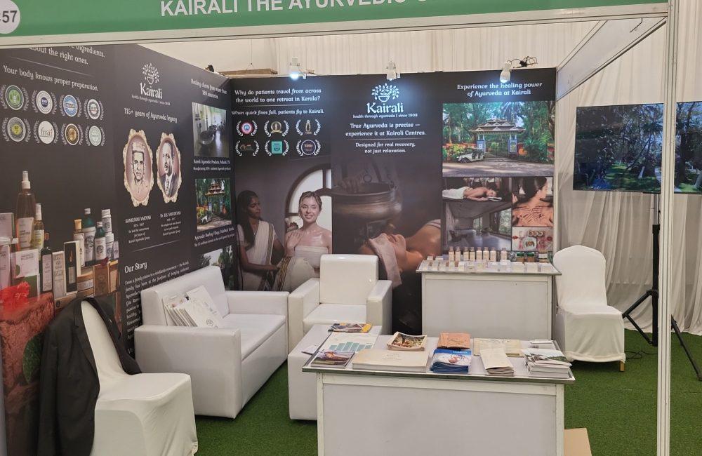 Kairali Ayurvedic Group’s unified stall at Kerala’s International Ayurveda & Wellness Conclave, showcasing Healing Village, Centres, and Products, 3 Feb.