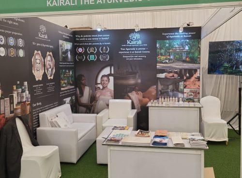 Kairali Ayurvedic Group’s unified stall at Kerala’s International Ayurveda & Wellness Conclave, showcasing Healing Village, Centres, and Products, 3 Feb.