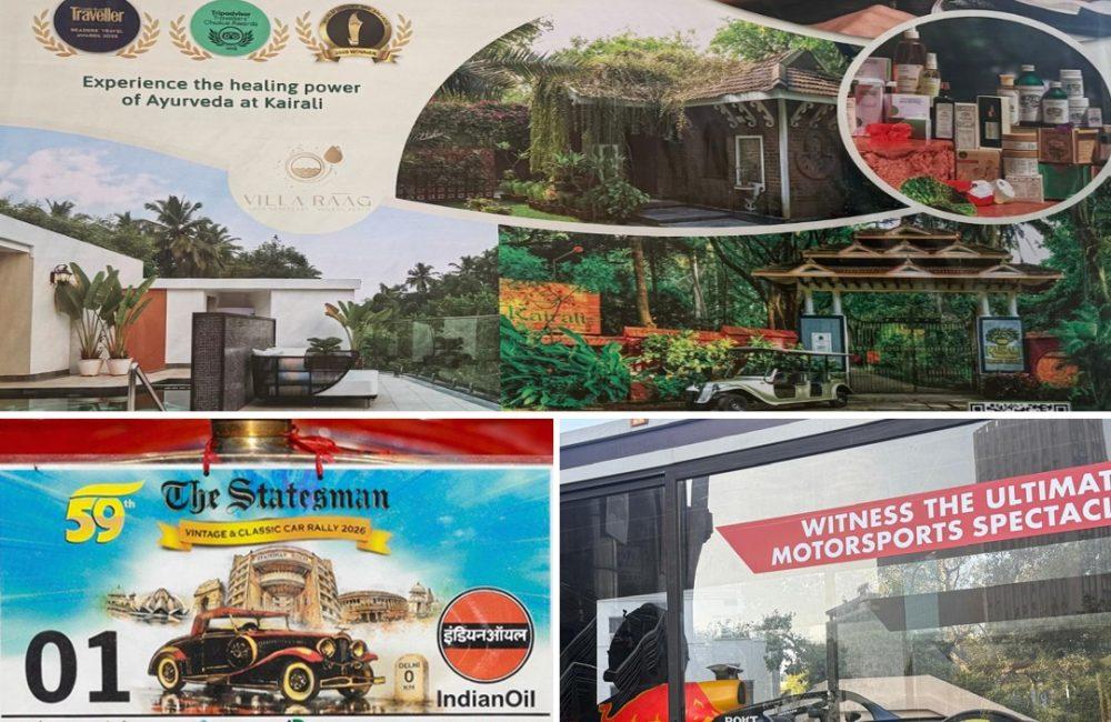 Three-panel collage showing a Kairali Ayurvedic Group brand banner with retreat and product visuals, a close-up of the “59th The Statesman Vintage & Classic Car Rally 2026” placard featuring Kairali among sponsors, and a display window with an Oracle Red Bull Racing show car and “motorsports spectacle” signage—linking Ayurveda, heritage, and motorsport.