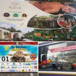 Three-panel collage showing a Kairali Ayurvedic Group brand banner with retreat and product visuals, a close-up of the “59th The Statesman Vintage & Classic Car Rally 2026” placard featuring Kairali among sponsors, and a display window with an Oracle Red Bull Racing show car and “motorsports spectacle” signage—linking Ayurveda, heritage, and motorsport.