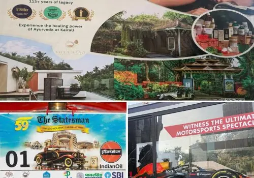 Three-panel collage showing a Kairali Ayurvedic Group brand banner with retreat and product visuals, a close-up of the “59th The Statesman Vintage & Classic Car Rally 2026” placard featuring Kairali among sponsors, and a display window with an Oracle Red Bull Racing show car and “motorsports spectacle” signage—linking Ayurveda, heritage, and motorsport.