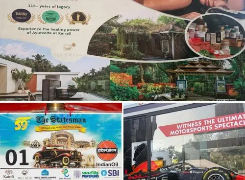 Three-panel collage showing a Kairali Ayurvedic Group brand banner with retreat and product visuals, a close-up of the “59th The Statesman Vintage & Classic Car Rally 2026” placard featuring Kairali among sponsors, and a display window with an Oracle Red Bull Racing show car and “motorsports spectacle” signage—linking Ayurveda, heritage, and motorsport.