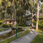 Palm-lined garden walkway at Kairali – The Ayurvedic Healing Village in Palakkad, with heritage cottages beside a serene water channel in a lush Kerala landscape.